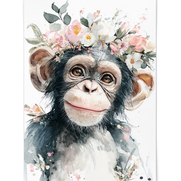 Watercolor Floral Monkey Portrait Wall Art Print Unframed - Playful Jungle Charm - Picture 2 of 6
